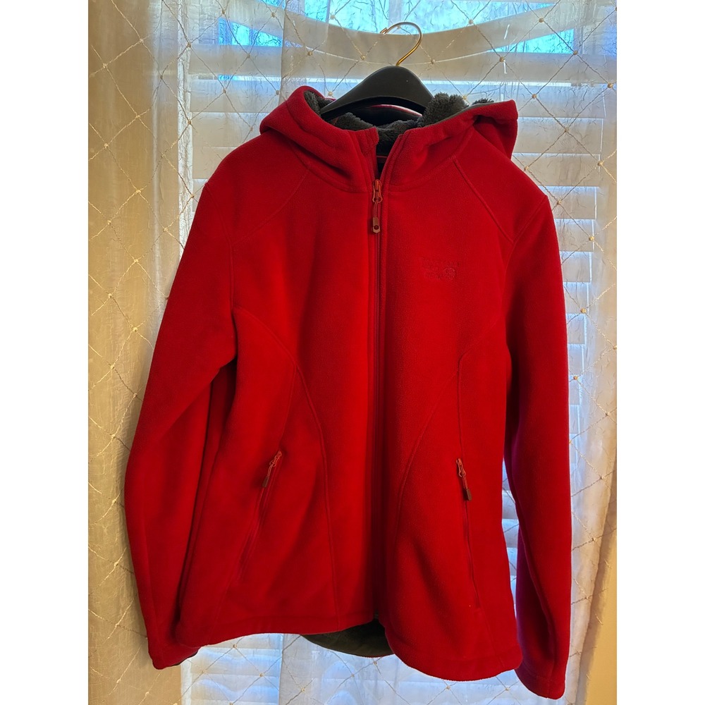 Large Mountain Hardwear Womens Red Full Zip Fleece Hooded Jacket Coat